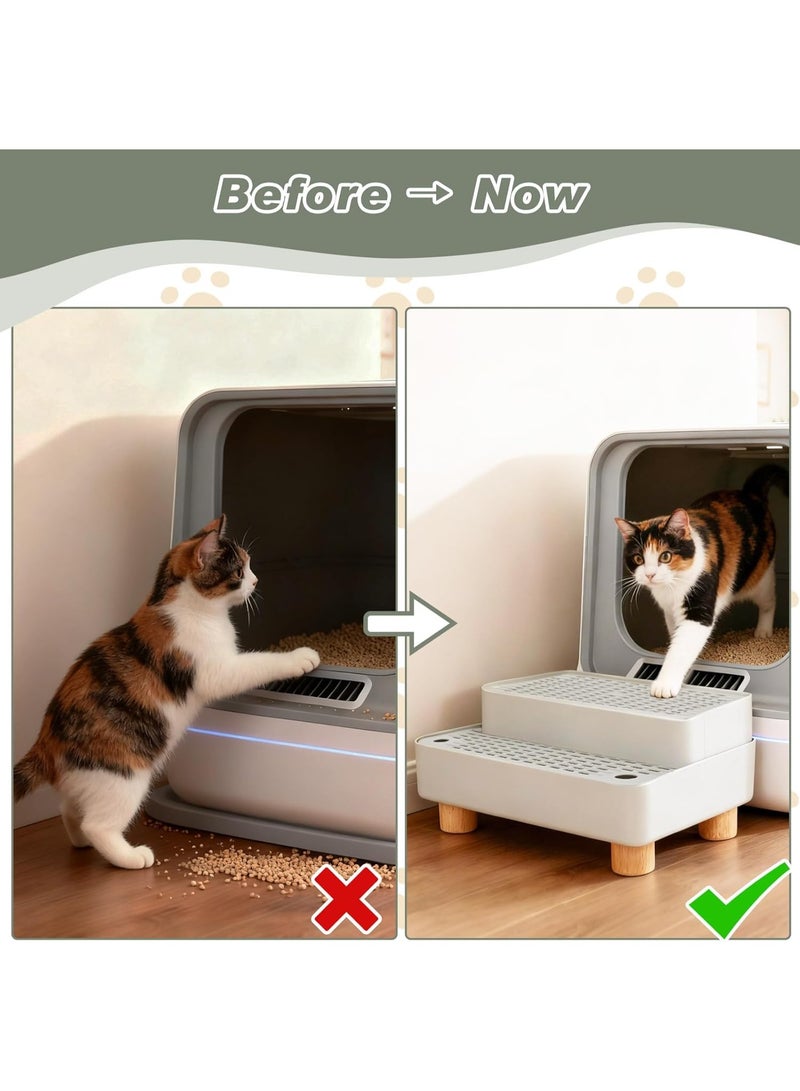 Meetion Elevated Cat Ramp for Litter Box, 2 Steps Cat Pedal Step Stool with Wooden Base, Detachable Double Layered Cats Litter Trapper, Suitable for Small&Elderly Cats, Non-Slip(Grey) - Image 2